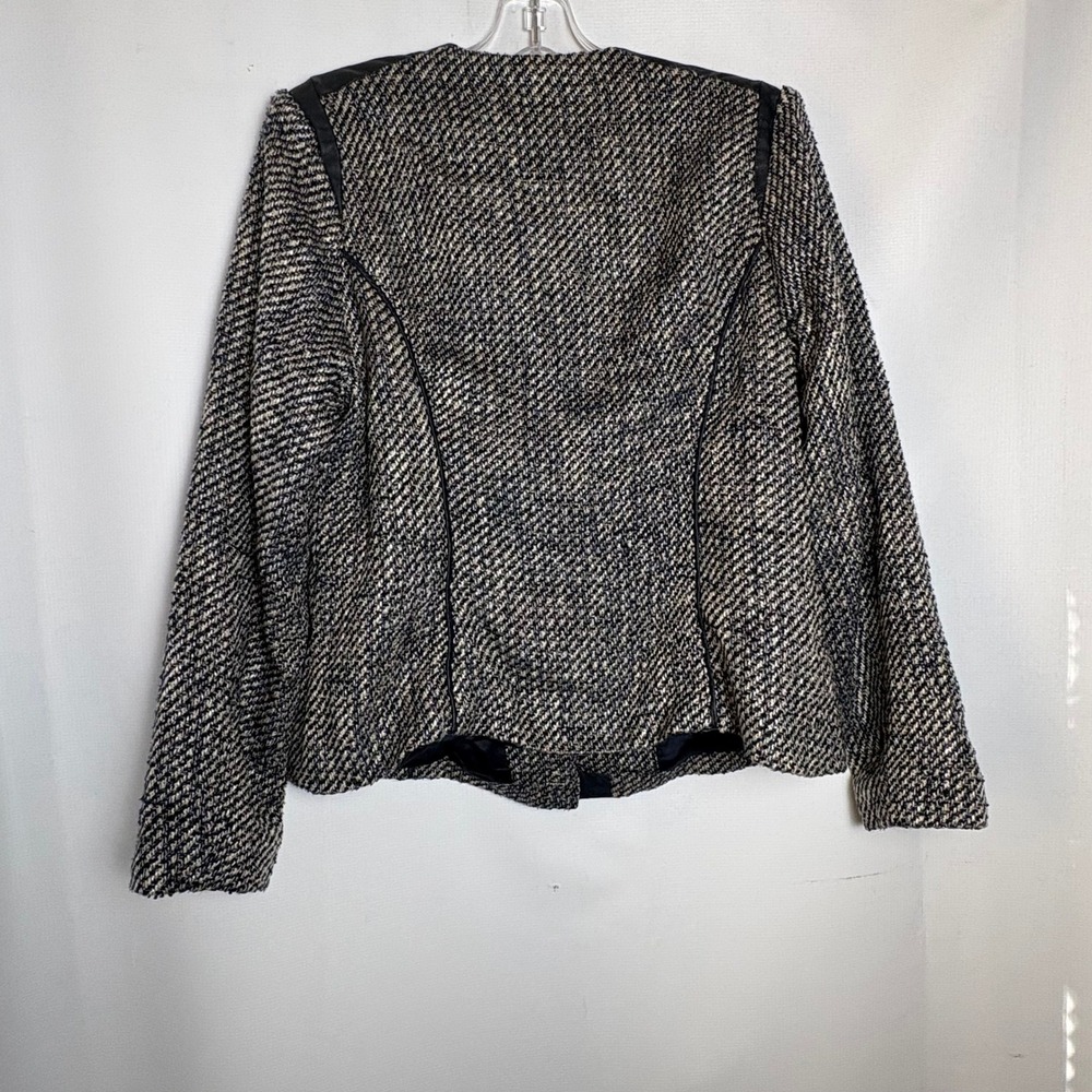 Liz Claiborne New York Tweed Moto Jacket Leather Trim Navy Blue Size 10 Career - Picture 7 of 10